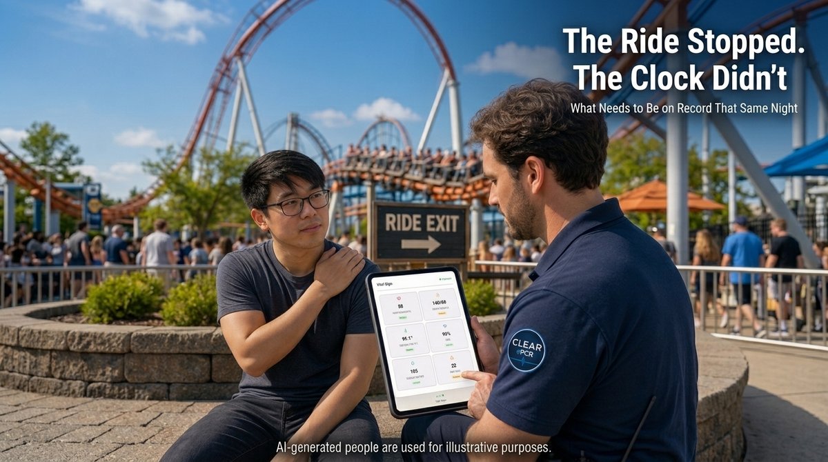 A park staff member reviews a guest&rsquo;s vital signs on a Clear ePCR tablet near a ride exit, with a roller coaster behind them