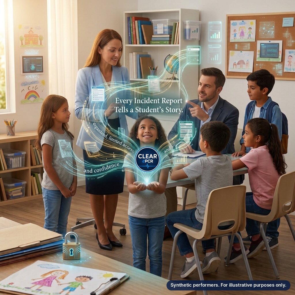 A teacher and administrator with students in a classroom, as glowing digital incident reports flow into a Clear ePCR emblem held by a smiling student, beside a padlock on a desk.